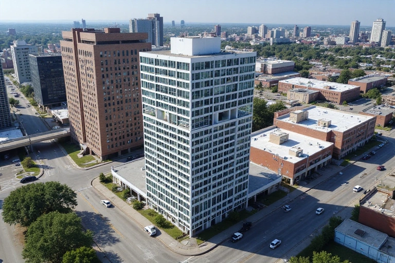 Exterior view of an office building with a street in front