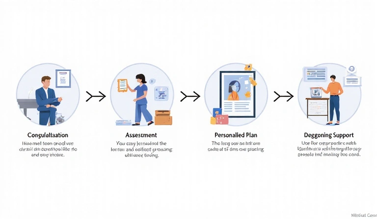 Infographic illustrating a four-step process for health journey, with abstract icons for consultation, assessment, plan, and support. No text.